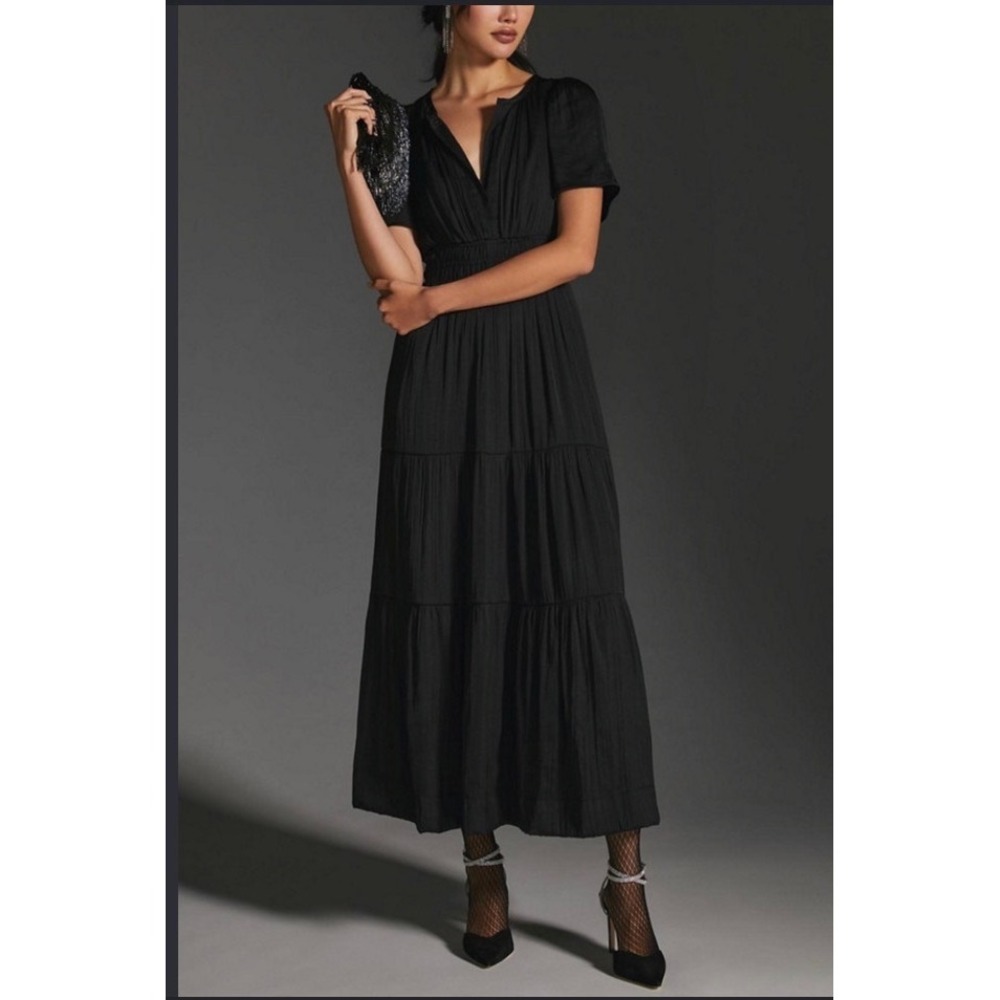 Anthropologie Somerset Maxi Dress Satin Black Smocked Waist V-Neck Tiered Size M